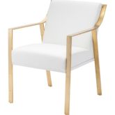 Valentine Dining Chair in White Naugahyde w/ Brushed Gold Arms & Frame